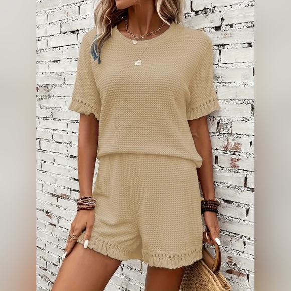 Just Jen Pants - Women's Full Size Beige Waffle Knit Two-Piece Set